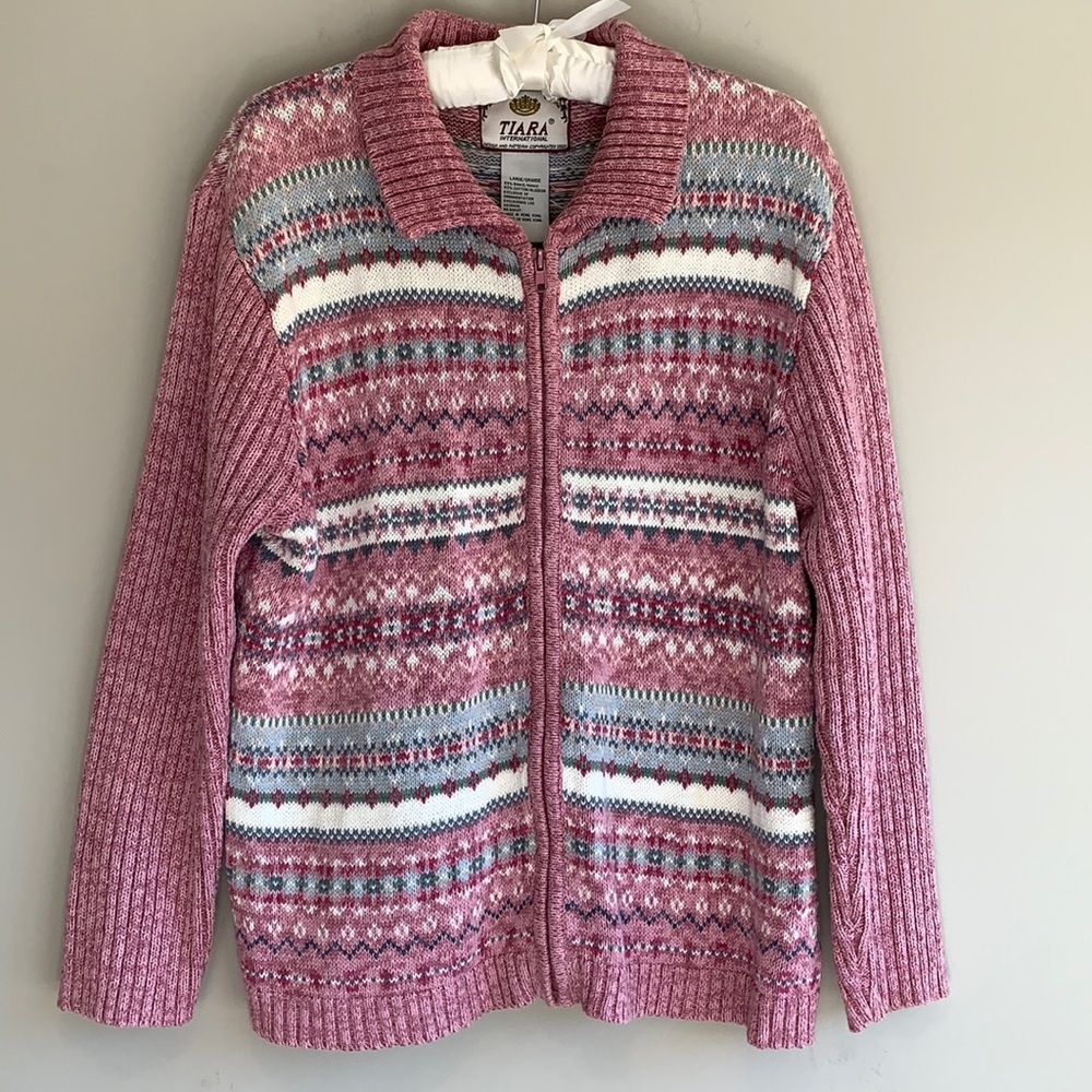 Tiara International full zip pink multicolor knit cardigan sweater